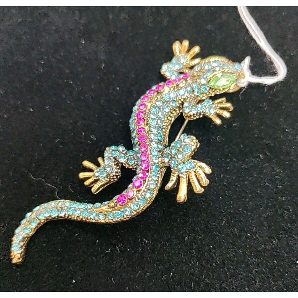 Rhinestone Brooch Pendant Jewel Fantasy Gecko Lizard Blue Pink